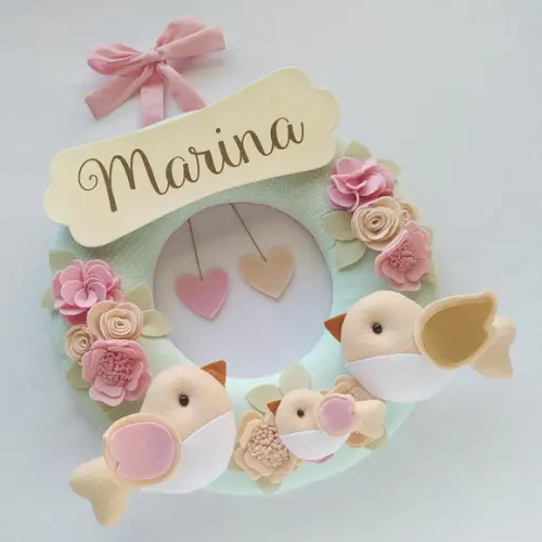 Guirlanda Passarinhos de Feltro Verde e Rosa - Marina