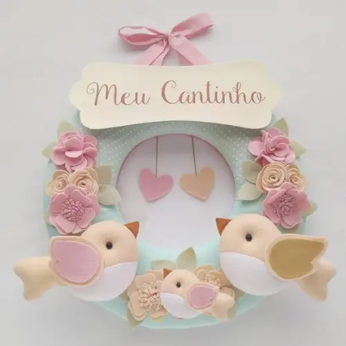 Guirlanda Passarinhos de Feltro Verde e Rosa - Meu Cantinho