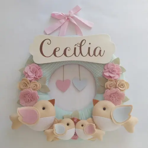 Guirlanda Passarinhos de Feltro Verde e Rosa Cecília