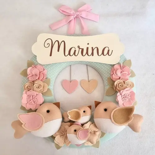 Guirlanda Passarinhos de Feltro Verde e Rosa Marina
