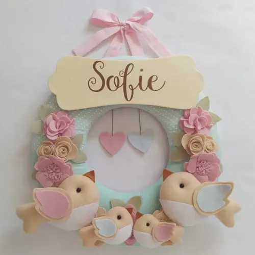Guirlanda Passarinhos de Feltro Verde e Rosa Sofie