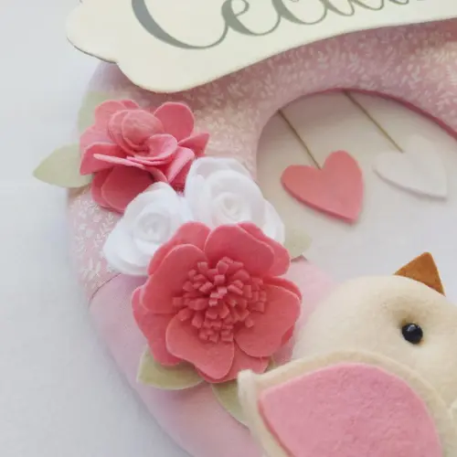Guirlanda Passarinhos e Varal de Flores Branco e Rosa Cecília