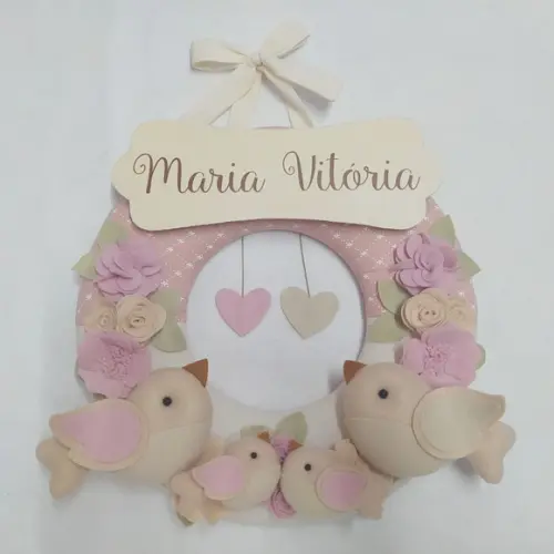 Guirlanda Porta Maternidade Passarinhos Rosa Maria Vitória