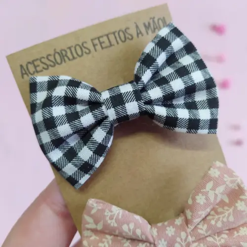 Kit 3 Laços Borboleta e Libélula - Xadrez Preto, Rosé e Verd