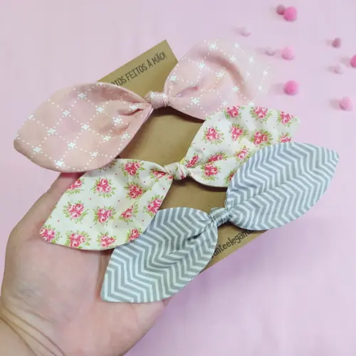 Kit 3 Laços Isa G - Rosé, Floral Creme e Chevron Cinza