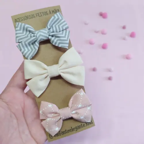 Kit de 3 Laços Libélula - Chevron Cinza, Creme e Rosé Claro