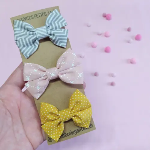 Kit de 3 Laços Libélula - Chevron Cinza, Rosé Claro, Amarelo