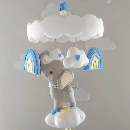 Móbile de Berço  Elefantinho nas Nuvens e Arco-íris Azul