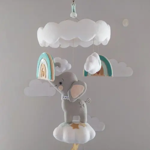 Móbile de Berço  Elefantinho nas Nuvens e Arco-íris Boho
