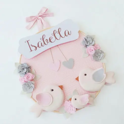 Quadro Bastidor + Móbile Musical Pássaros, Flores e Casinha