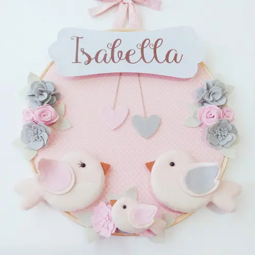 Quadro Bastidor + Móbile Musical Pássaros, Flores e Casinha