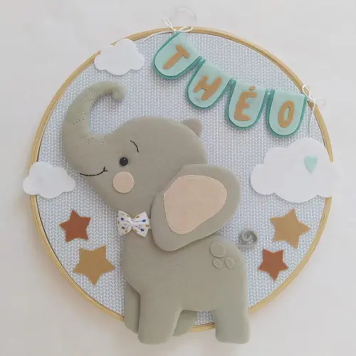 Quadro Maternidade Elefante, Nuvens e Estrelas - Théo