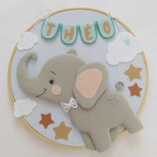 Quadro Maternidade Elefante, Nuvens e Estrelas - Théo