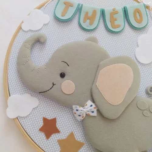 Quadro Maternidade Elefante, Nuvens e Estrelas - Théo