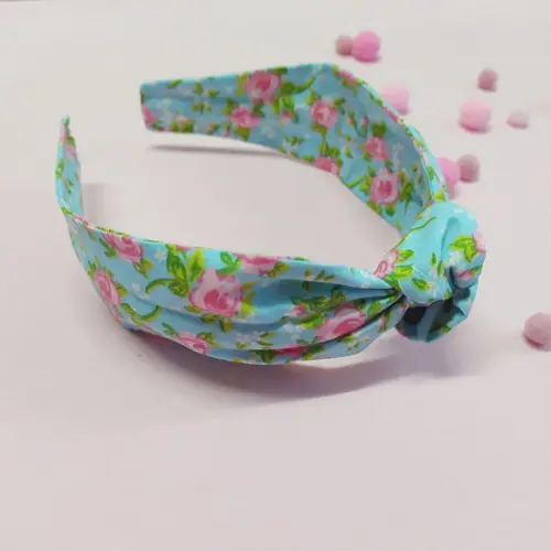 Tiara com Nó Floral Azul e Rosa