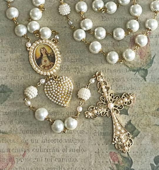 Terço de Noiva Perola Creme com Imagem de Santo Personalizada