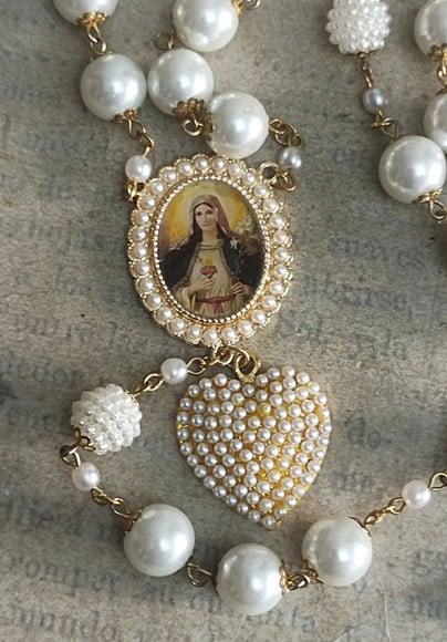 Terço de Noiva Perola Creme com Imagem de Santo Personalizada