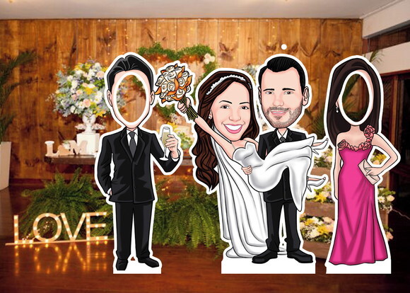 Display de Chão Totem Caricatura Casamento Noivos + Padrinho