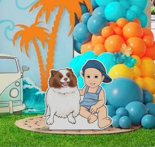 Display Totem de Chão em mdf Caricatura Bebê e Pet Praia