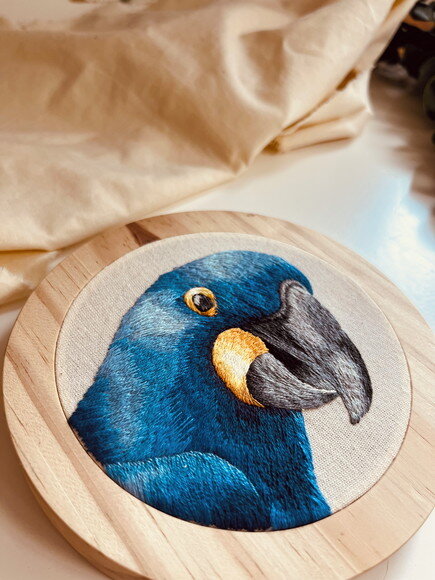 Quadro Decorativo Arara Azul Bordada à Mão
