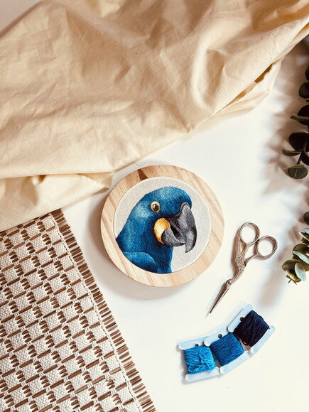 Quadro Decorativo Arara Azul Bordada à Mão