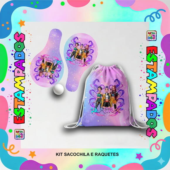 Kit Huntrix 30 Unid Mochilinha + Raquetes de Ping Pong