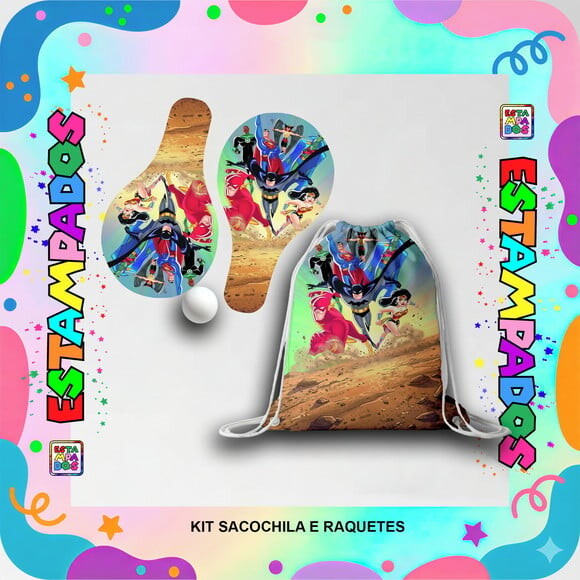 Kit Liga Justiça 5 Unid Mochilinha + Raquetes de Ping Pong