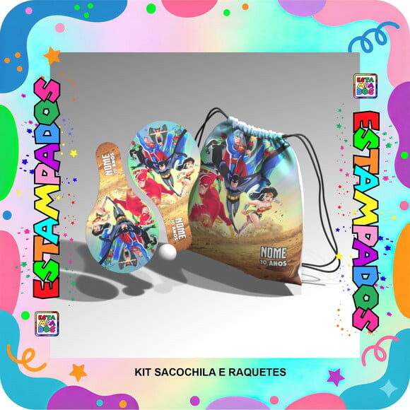 Kit Liga Justiça 30 Unid Mochilinha + Raquetes de Ping Pong