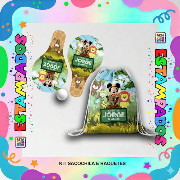 Kit Mickey Safari 15 Unid Mochilinha + Raquetes de Ping Pong