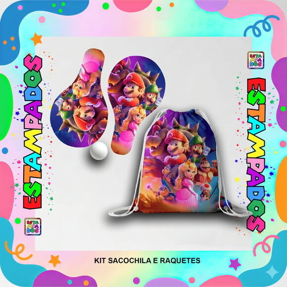 Kit Mario World 35 Unid Mochilinha + Raquetes de Ping Pong