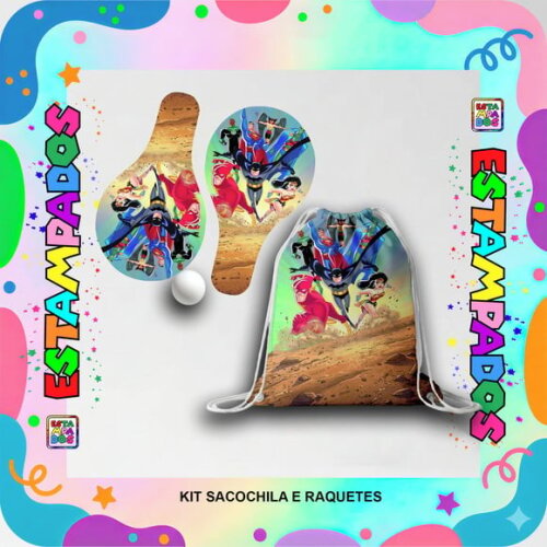 Kit Liga Justiça 100 Unid Mochilinha + Raquetes de Ping Pong