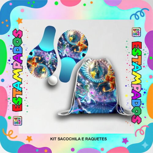 Kit Pokemon 30 Unid Mochilinha + Raquetes de Ping Pong