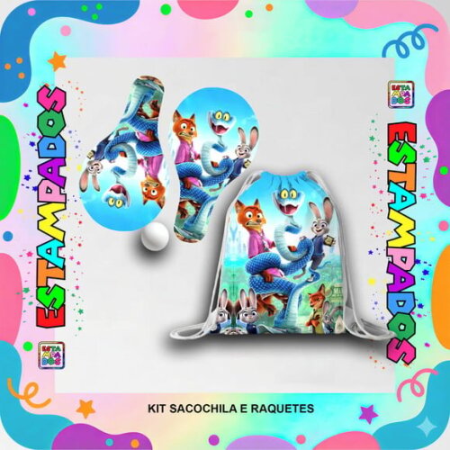 Kit Zootopia 2 30 Unid Mochilinha + Raquetes de Ping Pong