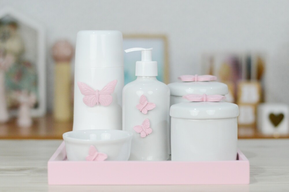 Kit Higiene Cuidados Bebê Porcelana Tema Borboletas Jardim Quart