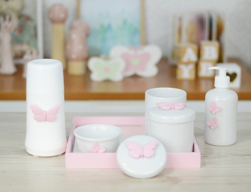 Kit Higiene Cuidados Bebê Porcelana Tema Borboletas Jardim Quart