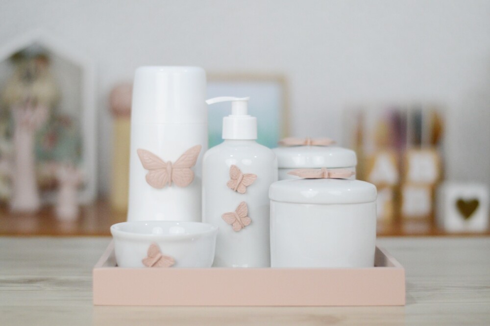 Kit Higiene Porcelana Bebê Maternidade Borboletas K103 Rosê Tem