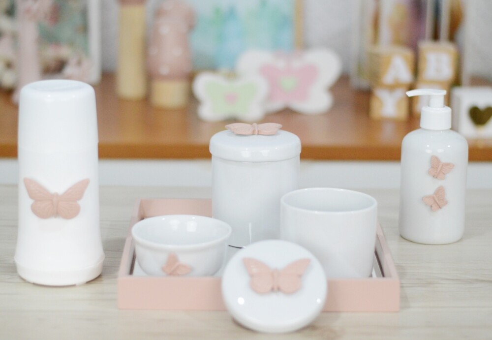 Kit Higiene Porcelana Bebê Maternidade Borboletas K103 Rosê Tem
