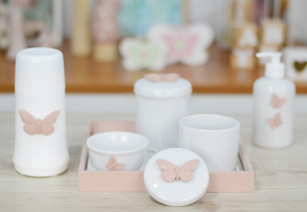Kit Higiene Porcelana Bebê Maternidade Borboletas K103 Rosê Tem
