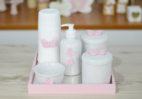 Kit Higiene Cuidados Bebê Porcelana Tema Borboletas Jardim Quart