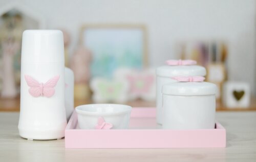 Kit Higiene Cuidados Bebê Porcelana Tema Borboletas Jardim Quart
