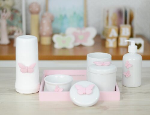Kit Higiene Cuidados Bebê Porcelana Tema Borboletas Jardim Quart