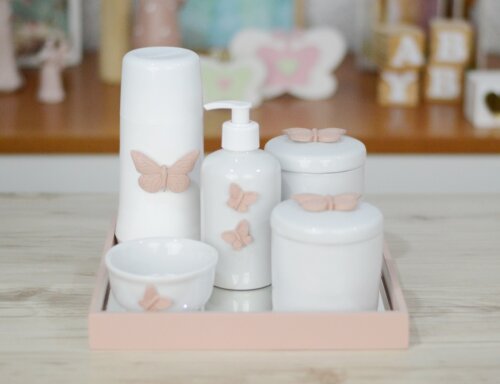Kit Higiene Porcelana Bebê Maternidade Borboletas K103 Rosê Tem