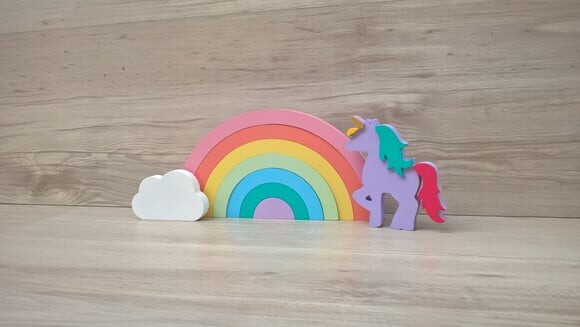 Arco Íris + nuvem + Unicórnio - peças de mesa em mdf