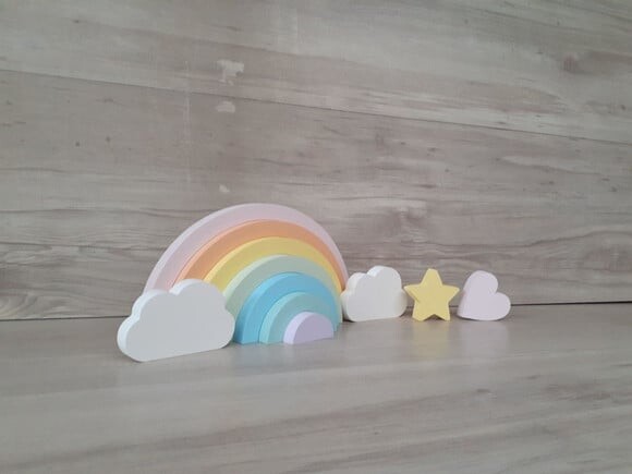 Arco Íris + Nuvens + Estrela + Coração em mdf -tons Pastéis