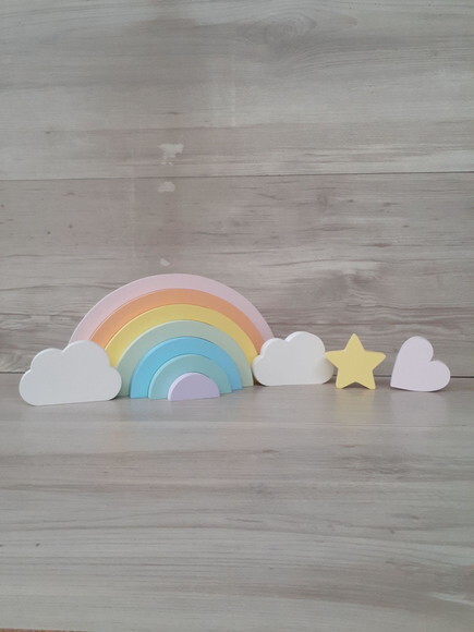 Arco Íris + Nuvens + Estrela + Coração em mdf -tons Pastéis