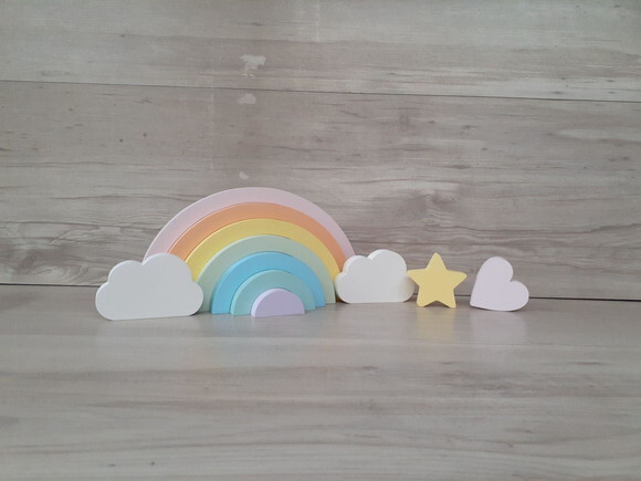 Arco Íris + Nuvens + Estrela + Coração em mdf -tons Pastéis