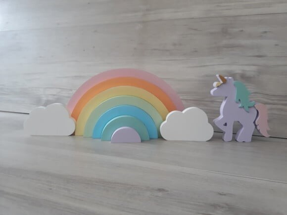Arco Íris + nuvens + Unicórnio - peças de mesa em mdf