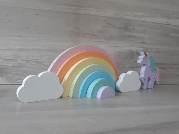 Arco Íris + nuvens + Unicórnio - peças de mesa em mdf