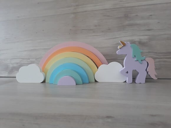 Arco Íris + nuvens + Unicórnio - peças de mesa em mdf