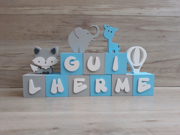 Combo Nome Cubos 6 x 6 x 6 cm + Raposa Elefante Girafa Balão